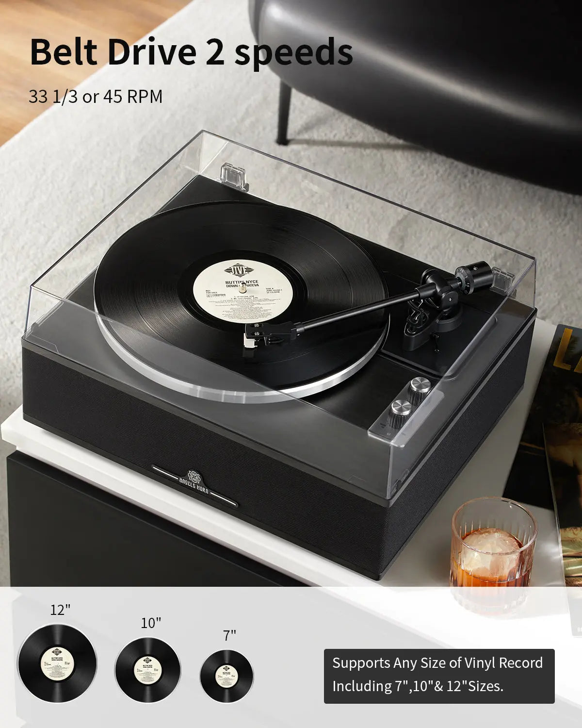 ANGELS HORN H019 HI-FI BLUETOOTH TURNTABLE WITH BUILT-IN SPEAKERS VINTAGE RECORD PLAYER